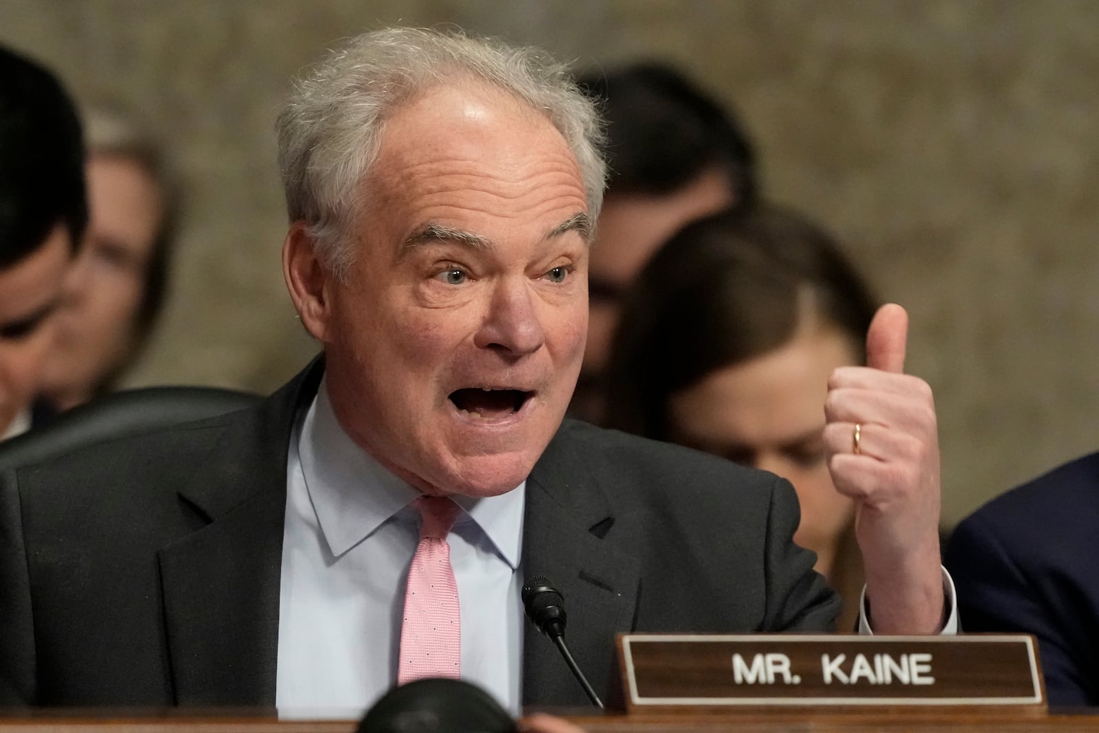 Sen Tim Kaine, D-Va., speaks during the Senate Armed Services Committee confirmation hearing for Pete Hegseth, President-elect Donald Trump's choice to be Defense secretary, at the Capitol in Washington, Tuesday, Jan. 14, 2025. (AP Photo/Ben Curtis)