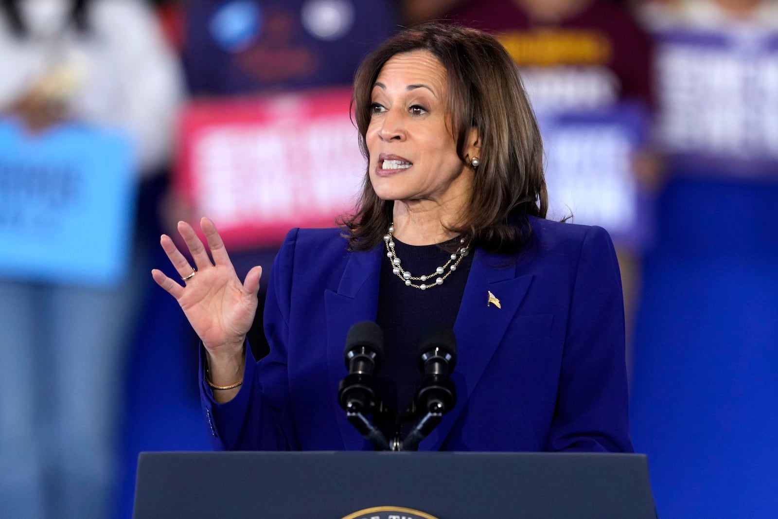 Democratic presidential nominee Vice President Kamala Harris speaks during a campaign event at Talking Stick Resort Amphitheatre, Thursday, Oct. 31, 2024, in Phoenix. (AP Photo/Matt York)