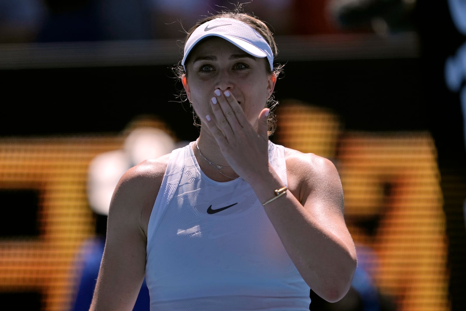 Paula Badosa of Spain celebrates after defeating Marta Kostyuk of Ukraine in their third round match at the Australian Open tennis championship in Melbourne, Australia, Friday, Jan. 17, 2025. (AP Photo/Ng Han Guan)