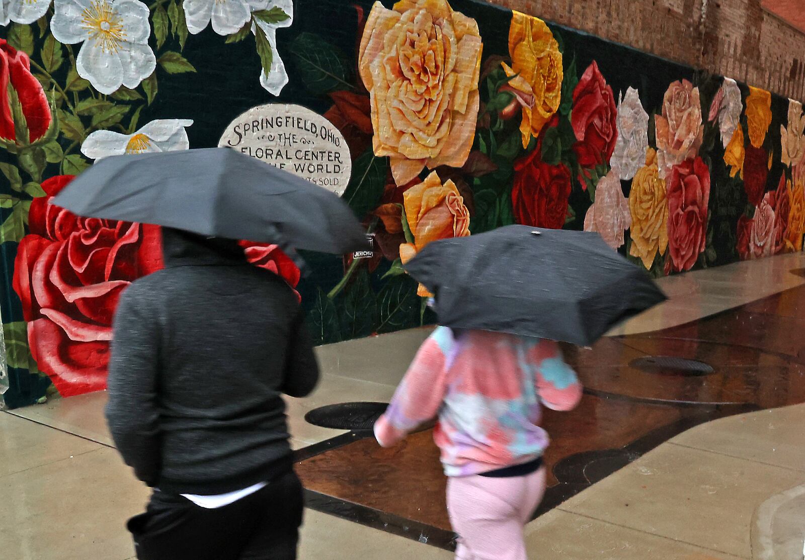 A couple take shelter under umbrellas as they rush past the Rose City mural along Main Street in Springfield. BILL LACKEY/STAFF