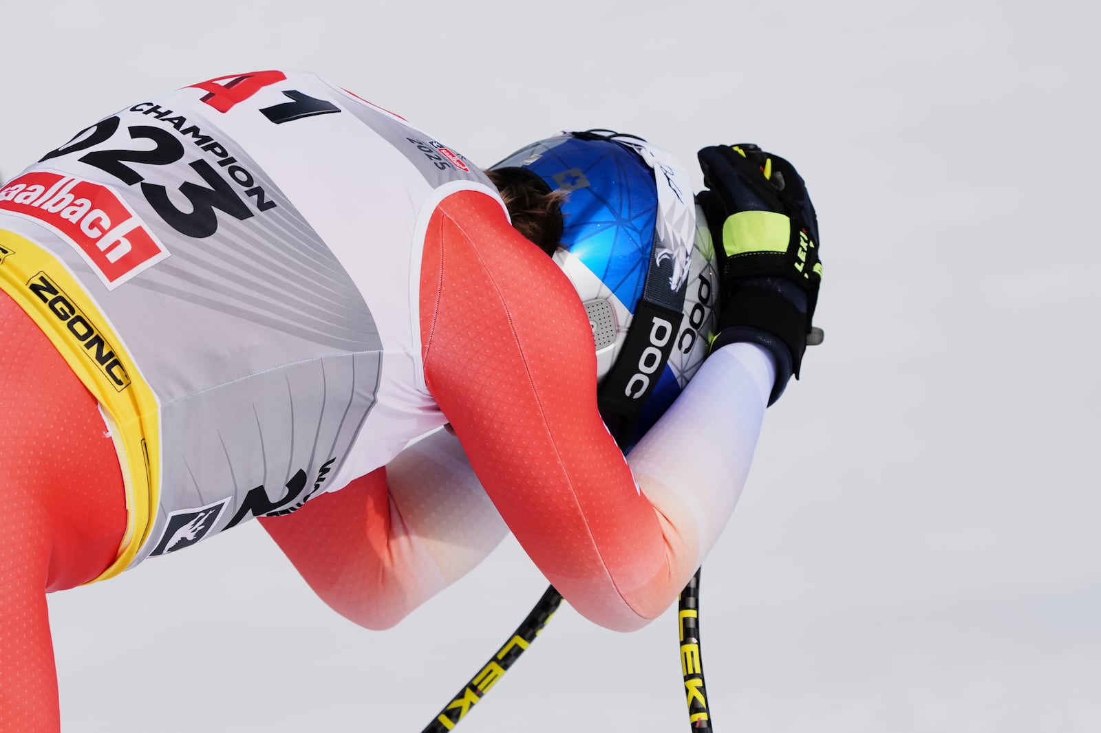 Switzerland's Marco Odermatt reacts with dejection at the finish area of a men's downhill race, at the Alpine Ski World Championships, in Saalbach-Hinterglemm, Austria, Sunday, Feb. 9, 2025. (AP Photo/Giovanni Auletta)