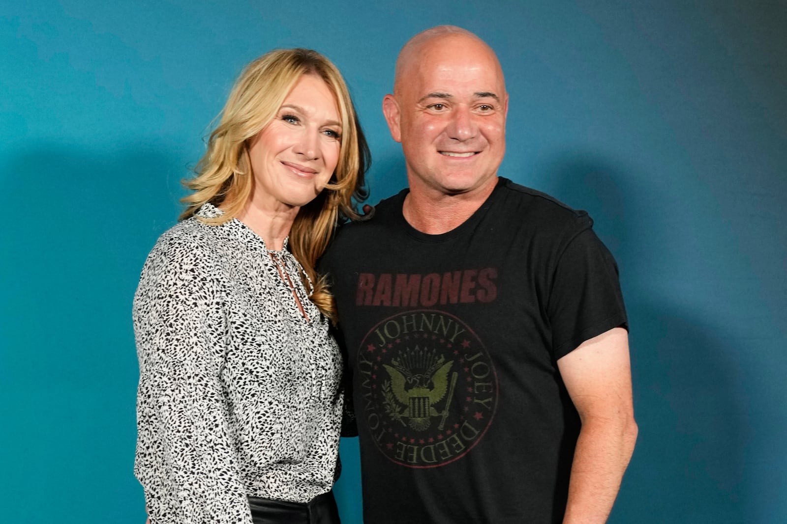 FILE - Former tennis players Steffi Graf, left, and Andre Agassi pose during the opening night of the Sphere, Friday, Sept. 29, 2023, in Las Vegas. (AP Photo/John Locher, File)