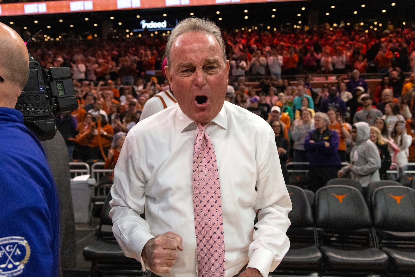 Texas head coach Vic Schaefer celebrates a win over LSU during an NCAA college basketball game in Austin, Texas, Sunday, Feb. 16, 2025. (AP Photo/Stephen Spillman)