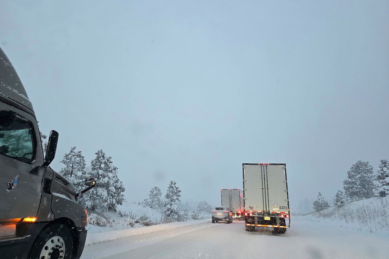 Traffic backed up for more than 15 miles on a westbound stretch of Interstate 40 between Flagstaff, Arizona, and Williams, Arizona on Friday, March 7, 2025. (AP Photo/Felicia Fonseca)