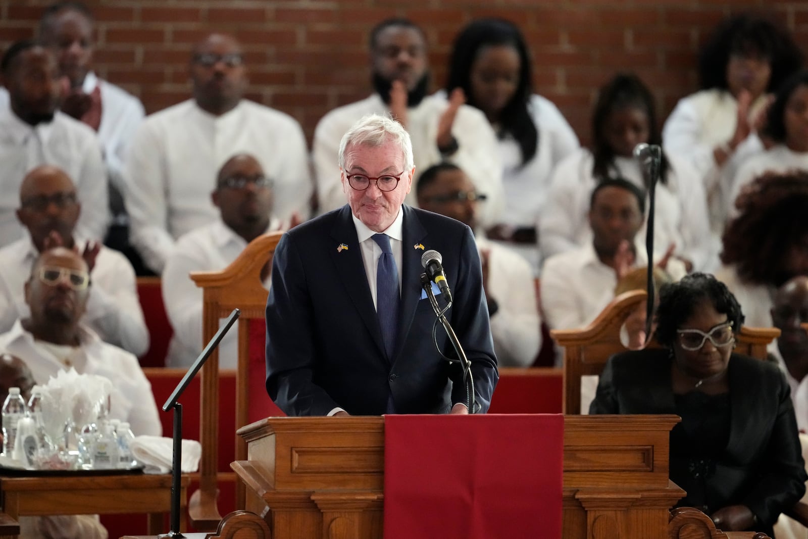 New Jersey Gov. Phil Murphy speaks during a ceremony celebrating the life of Cissy Houston on Thursday, Oct. 17, 2024, at the New Hope Baptist Church in Newark, N.J. (Photo by Charles Sykes/Invision/AP)