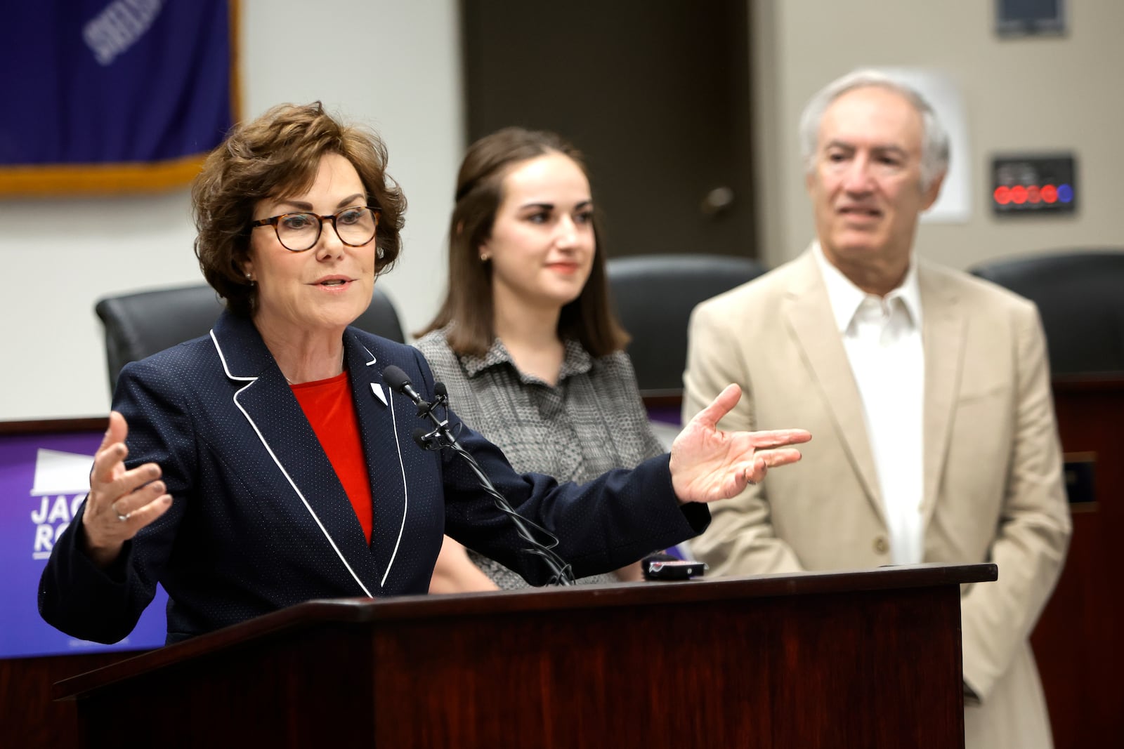 Sen. Jacky Rosen, left, D-Nev., gives a victory speech at the Teamsters Local 631 meeting hall Saturday, Nov. 9, 2024, in Las Vegas. (Steve Marcus/Las Vegas Sun via AP)