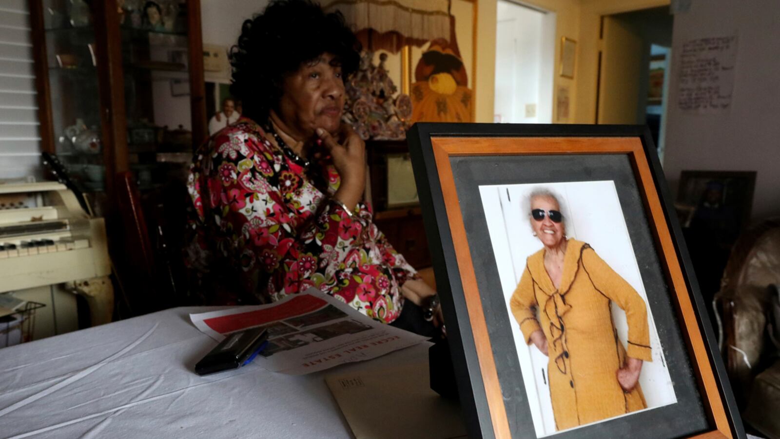 This photo taken May 22, 2019, shows 102-year-old Thelma Smith, in photo right, is being evicted from her Ladera Heights residence of 30 years. Her longtime neighbor Pauline Cooper, left, spoke about her friend's situation, in Los Angeles, Calif. Smith has until June 30, 2019, to move out.