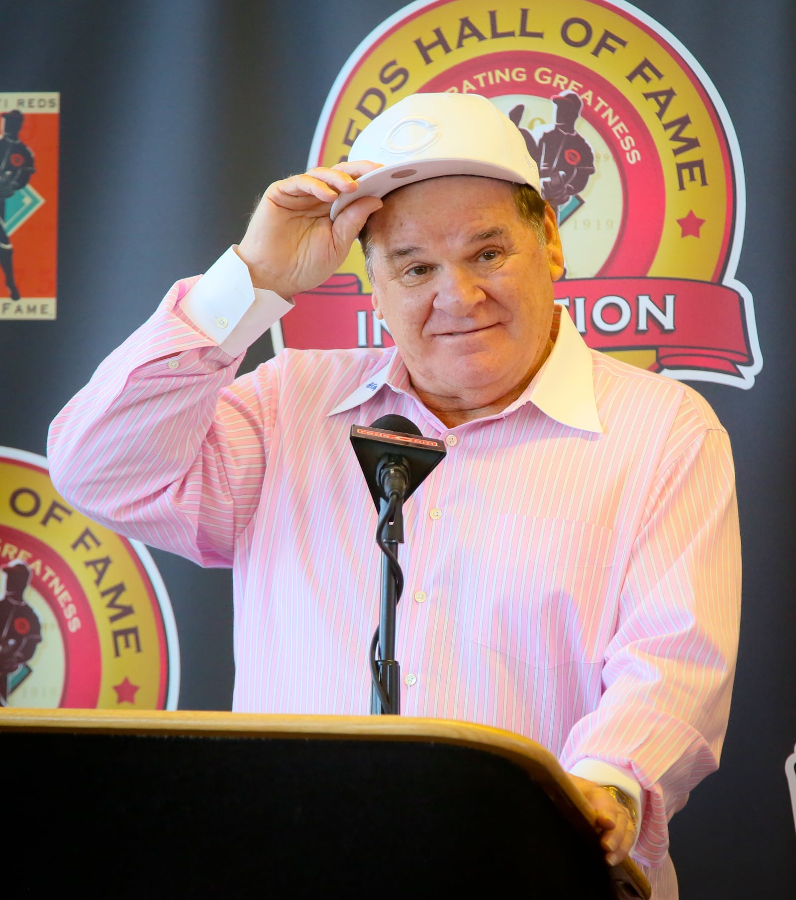 Cincinnati Reds great Pete Rose talks about being inducted to the Reds Hall of Fame during an announcement at Great American Ballpark, Tuesday, Jan. 19, 2016. GREG LYNCH / STAFF