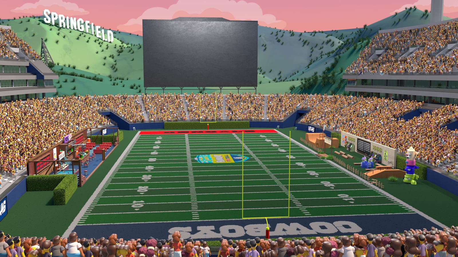 This handout from an animated video provided by ESPN shows a scene from Atoms Stadium in Springfield from “The Simpsons” that will be used for “The Simpsons Funday Football,” an alternate broadcast on ESPN+ and Disney+ for the Dec. 9, 2024, game between the Cincinnati Bengals and Dallas Cowboys. (ESPN via AP)