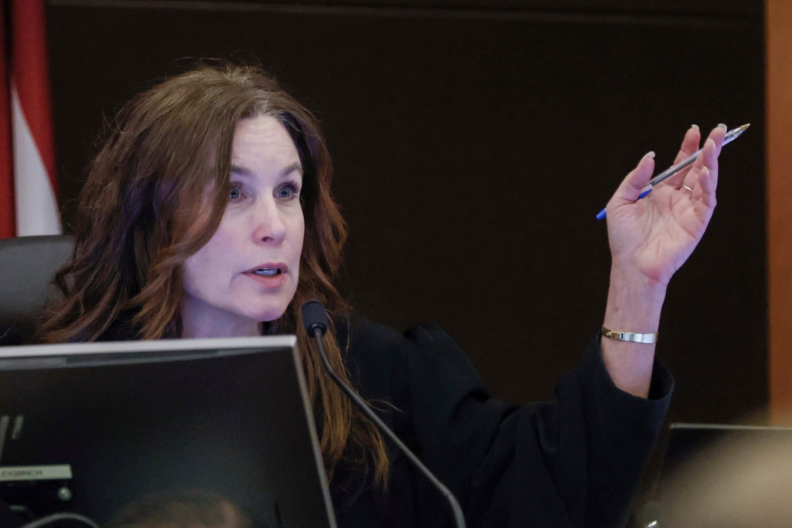 Fulton County Superior Court Judge Paige Reese Whitaker speaks with a prosecutor during the Young Thug trial at Fulton County Courthouse in Atlanta on Tuesday, Nov. 26, 2024. (Miguel Martinez/Atlanta Journal-Constitution via AP)