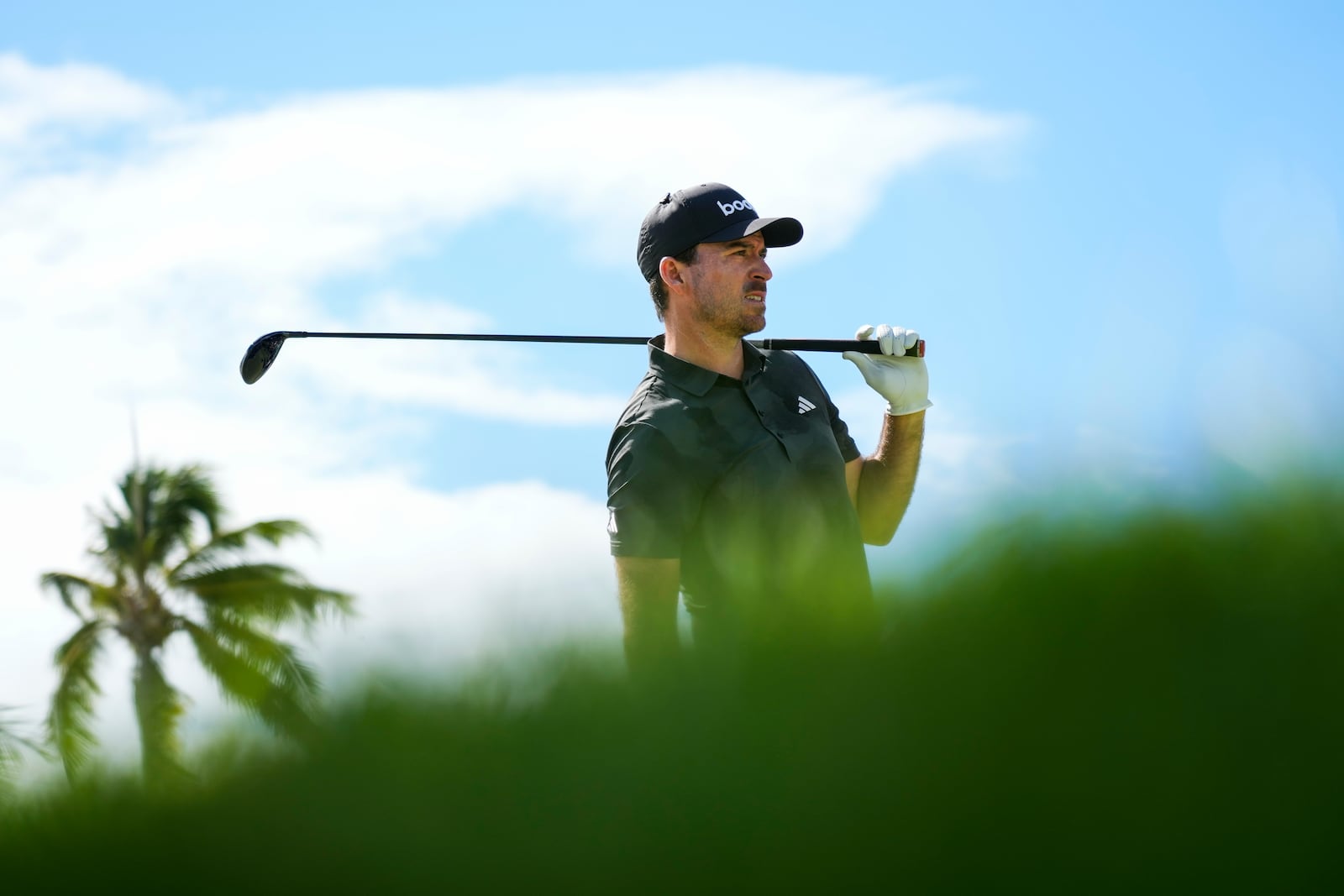 Nick Taylor, of Canada, watches his shot from the 14th tee during the final round of the Sony Open golf event, Sunday, Jan. 12, 2025, at Waialae Country Club in Honolulu. (AP Photo/Matt York)