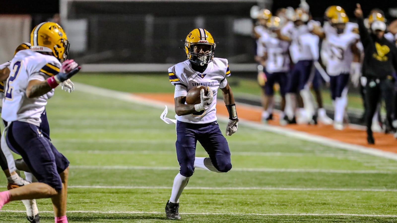 Springfield High School junior Sherrod Lay, Jr. runs the ball during their game against Beavercreek on Friday night at Miami Valley Hospital Stadium. The Wildcats won 60-8. Christian Cooper/CONTRIBUTED