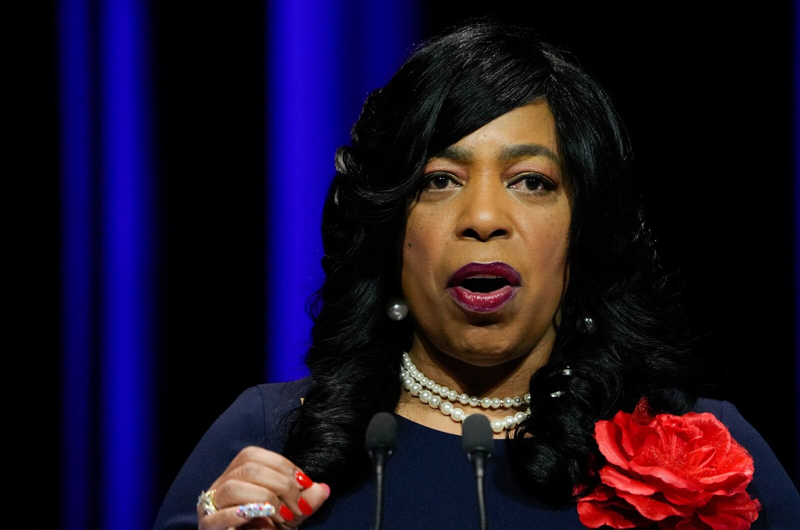 Mon., Mar. 28, 2022; Wilberforce, Ohio, USA; U.S. Senate Democratic candidate Traci "TJ" Johnson answers a question during Ohio’s U.S. Senate Democratic Primary Debate at Central State University. Mandatory Credit: Joshua A. Bickel/Ohio Debate Commission