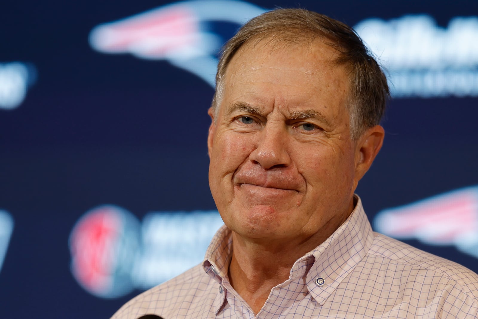 FILE - Then-New England Patriots head coach Bill Belichick talks with reporters following an NFL football game against the Buffalo Bills, Sunday, Oct. 22, 2023, in Foxborough, Mass. (AP Photo/Michael Dwyer, File)