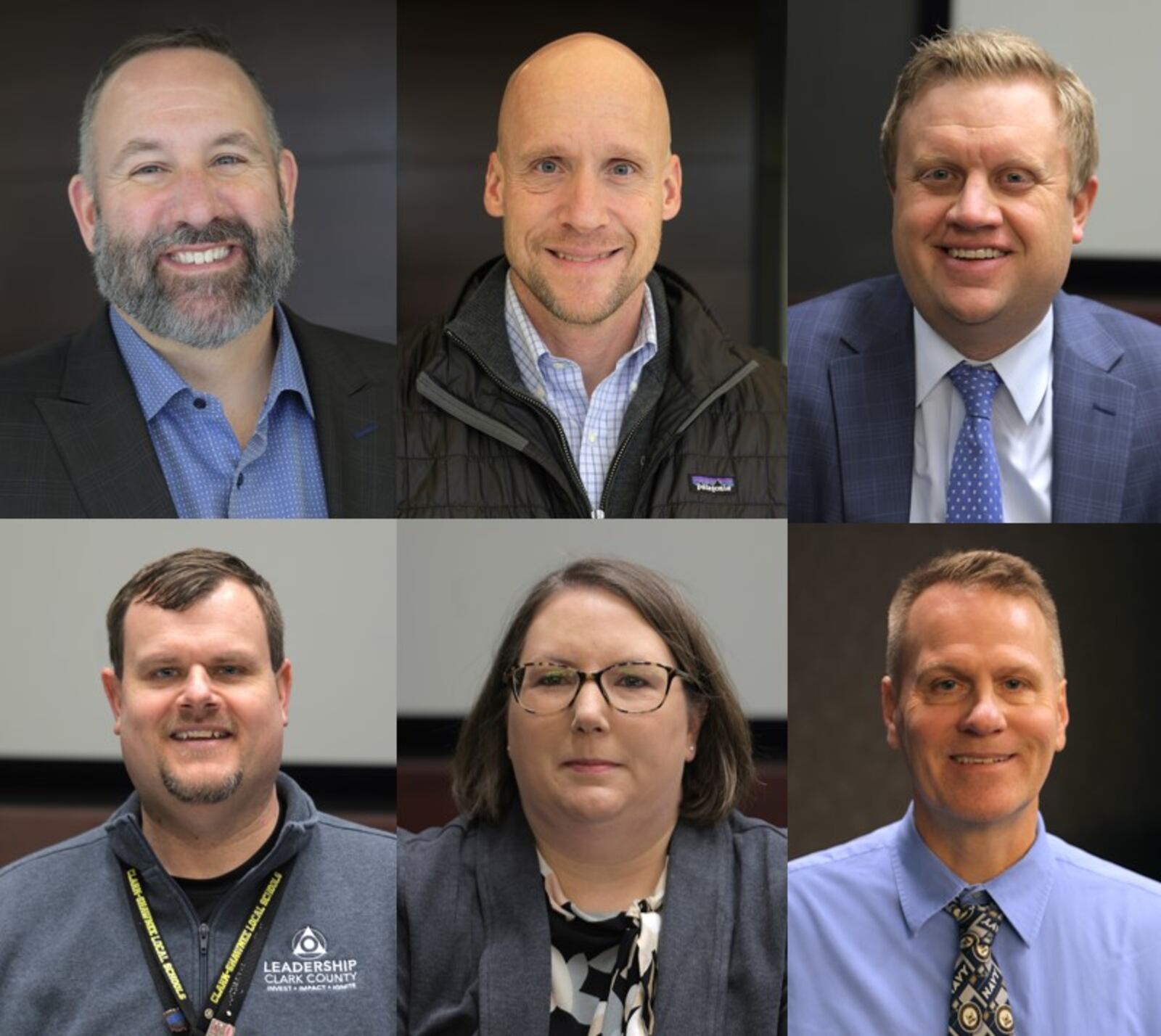 Clark County school superintendents: Springfield Superintendent Bob Hill (top left), Global Impact STEM Academy Superintendent Josh Jennings (top middle), Greenon Superintendent Darrin Knapke (top right), Clark-Shawnee Superintendent Brian Kuhn (bottom left), CTC Communications Coordinator Alicia Rittenhouse (bottom middle), and Southeastern Superintendent David Shea (bottom right). BILLL LACKEY/STAFF