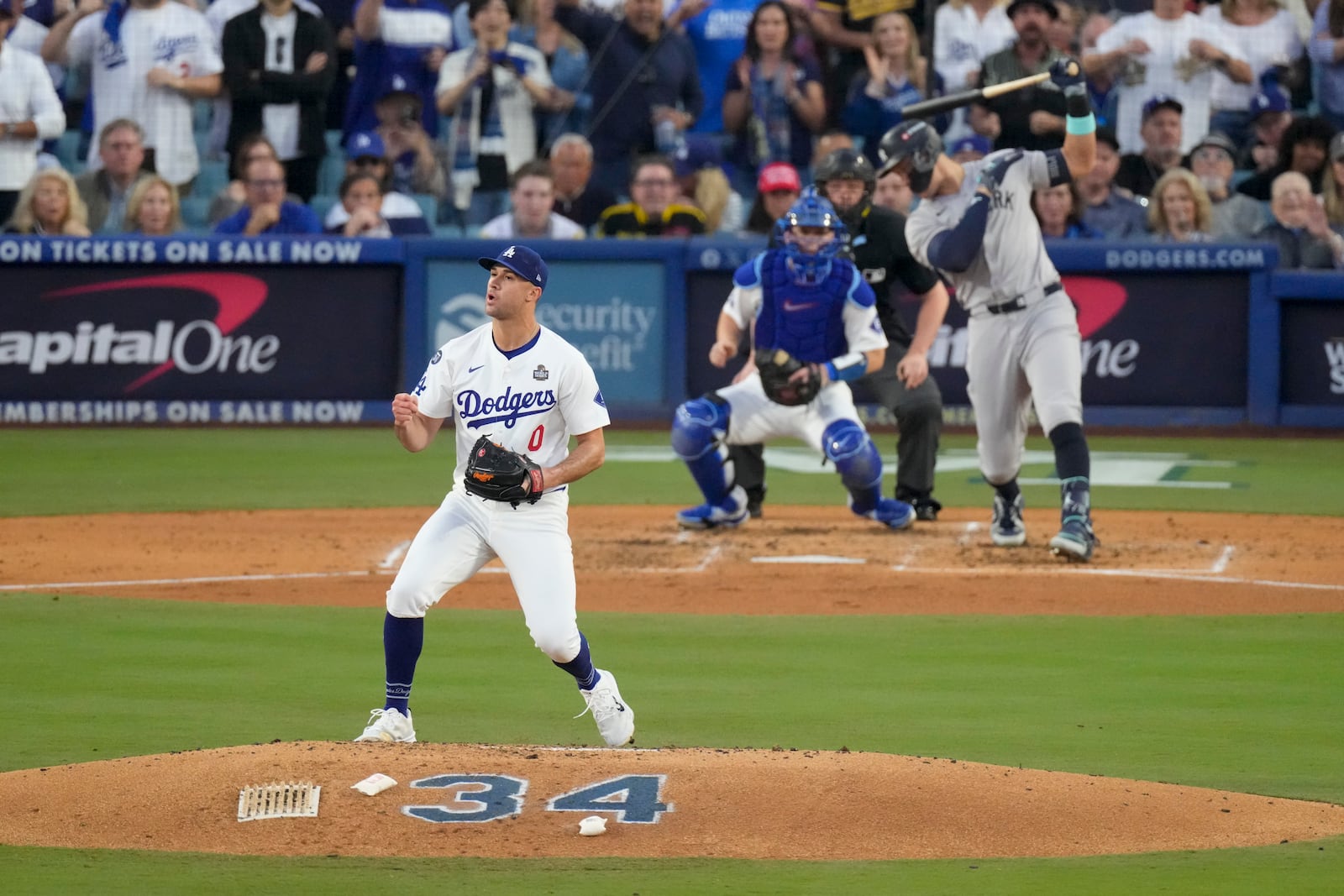 Los Angeles Dodgers starting pitcher Jack Flaherty reacts after striking out New York Yankees' Aaron Judge during the third inning in Game 1 of the baseball World Series, Friday, Oct. 25, 2024, in Los Angeles. (AP Photo/Mark J. Terrill)