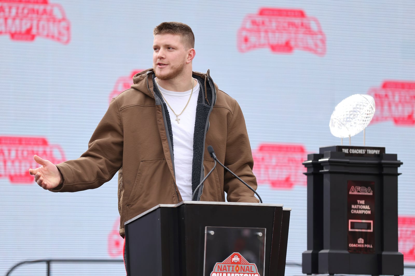 Ohio State defensive end Jack Sawyer speaks during the National Championship football celebration at Ohio Stadium in Columbus, Ohio, Sunday, Jan. 26, 2025. (AP Photo/Joe Maiorana)