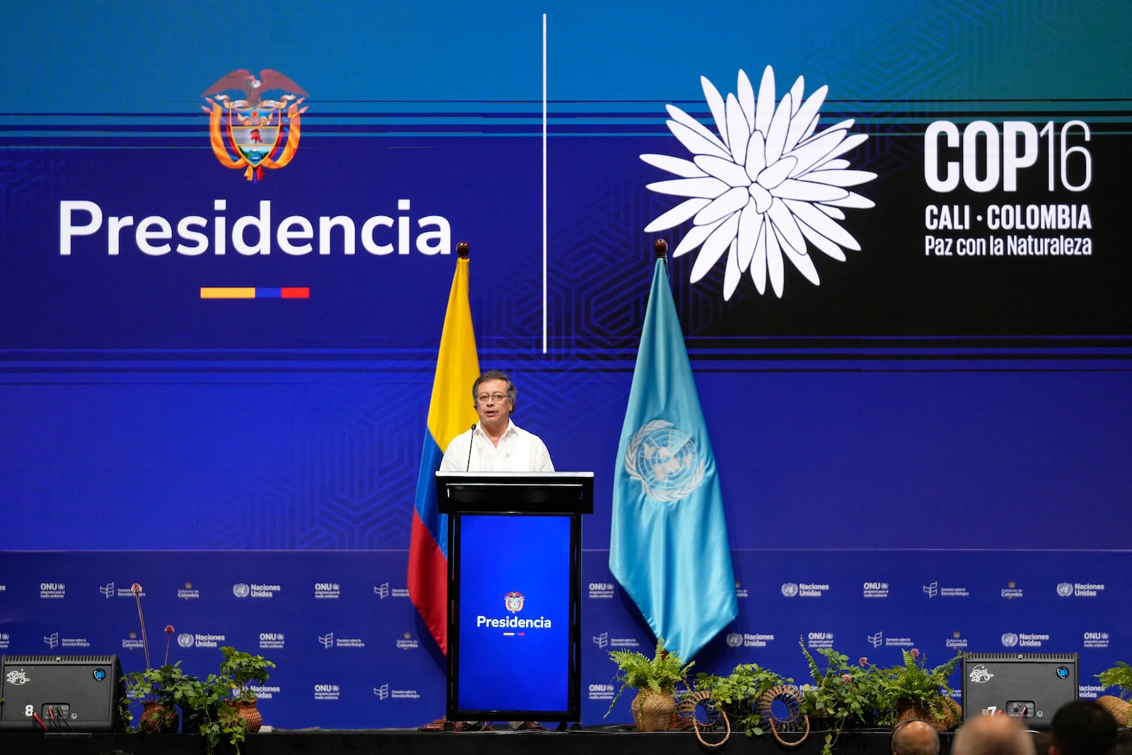 Colombia's President Gustavo Petro delivers a speech at the opening ceremony of COP16, a United Nations' biodiversity conference, in Cali, Colombia, Sunday, Oct. 20, 2024. (AP Photo/Fernando Vergara)