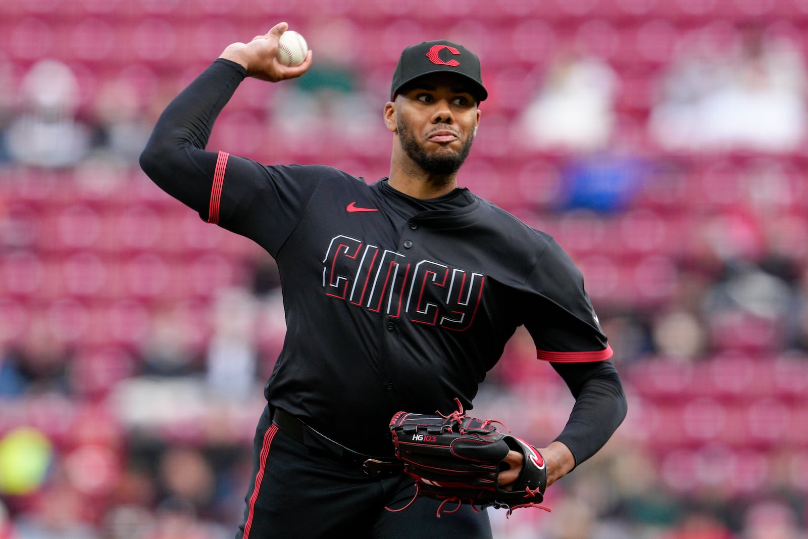 Cincinnati Reds pitcher Hunter Greene throws during the first inning of the team's baseball game against the New York Met on Friday, April 5, 2024, in Cincinnati. (AP Photo/Jeff Dean)