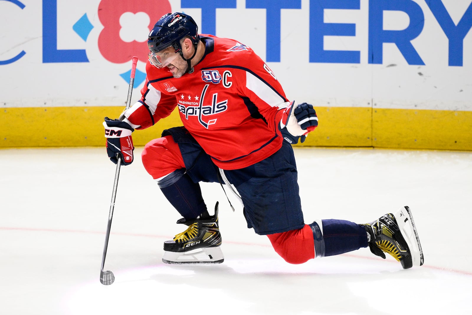 Washington Capitals left wing Alex Ovechkin celebrates his goal during the third period of an NHL hockey game against the Calgary Flames, Tuesday, Feb. 25, 2025, in Washington. (AP Photo/Nick Wass)