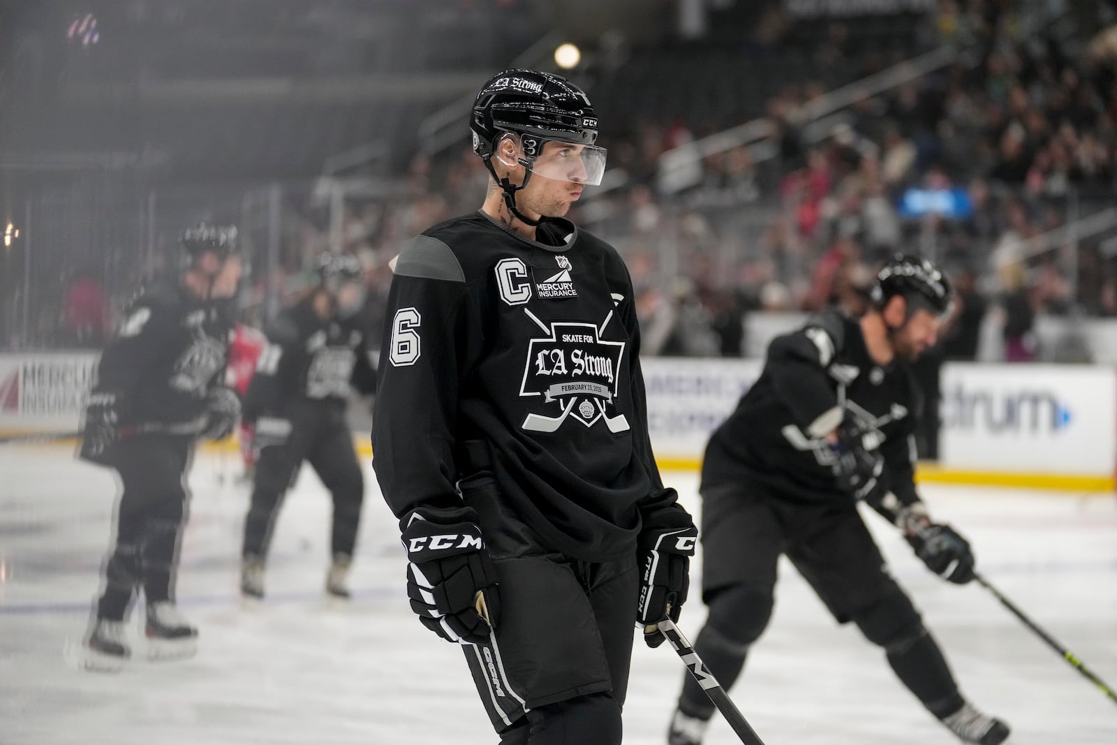 Team Black player singer Justin Bieber skates during the Skate for LA Strong celebrity hockey game, Sunday, Feb. 23, 2025, in Los Angeles. (AP Photo/Eric Thayer)