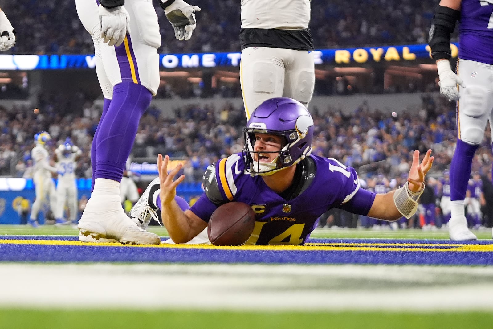 Minnesota Vikings quarterback Sam Darnold reacts after being sacked for a safety by Los Angeles Rams linebacker Byron Young (not shown) during the second half of an NFL football game, Thursday, Oct. 24, 2024, in Inglewood, Calif. (AP Photo/Mark J. Terrill)