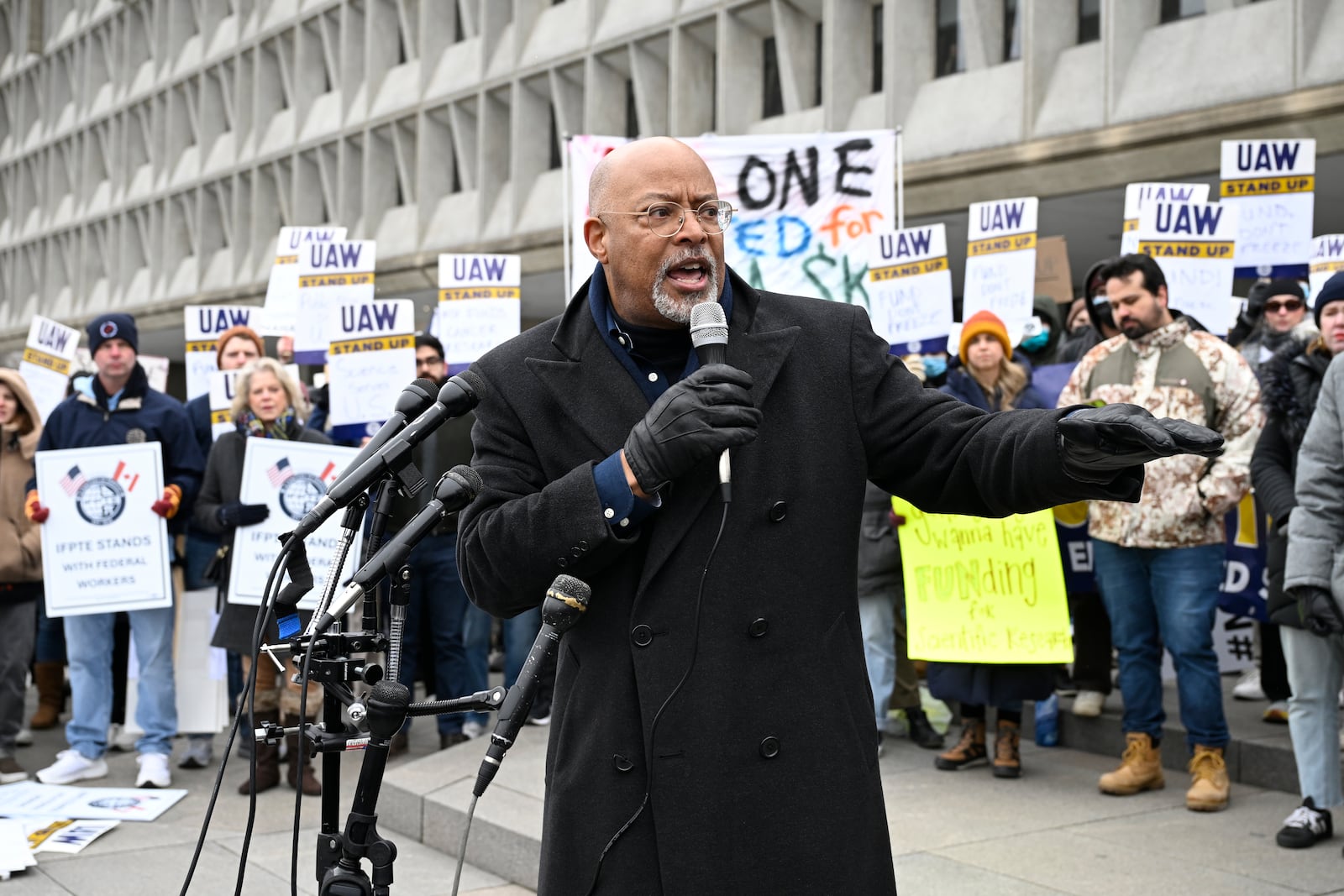 Rep. Glenn Ivey, D-Md., speaks at a rally at Health and Human Services headquarters to protest the polices of President Donald Trump and Elon Musk Wednesday, Feb. 19, 2025, in Washington. (AP Photo/John McDonnell)