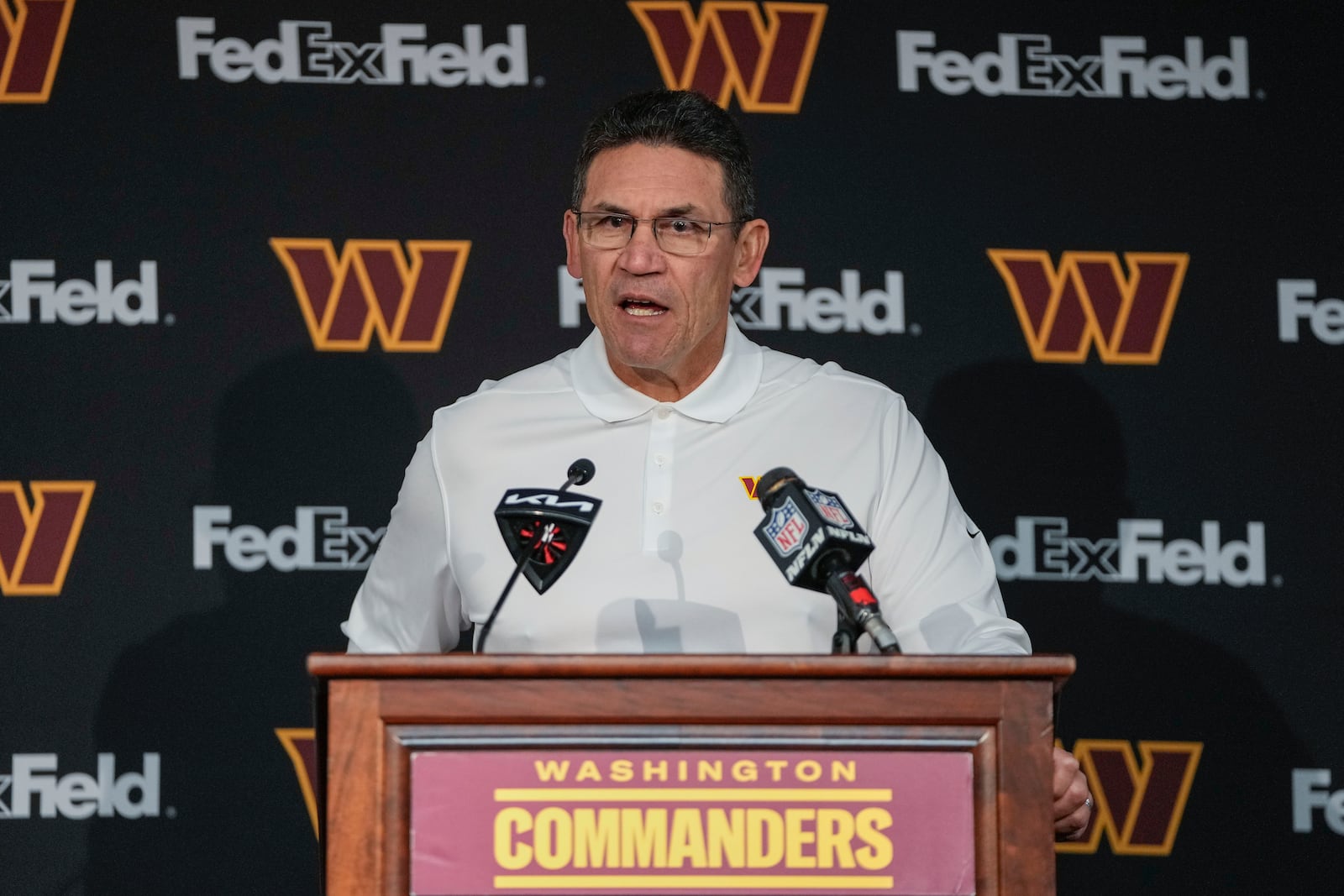 FILE - Washington Commanders head coach Ron Rivera speaking during a press conference at the end of an NFL football game against the Dallas Cowboys, Jan. 7, 2024, in Landover, Md. (AP Photo/Mark Schiefelbein, File)