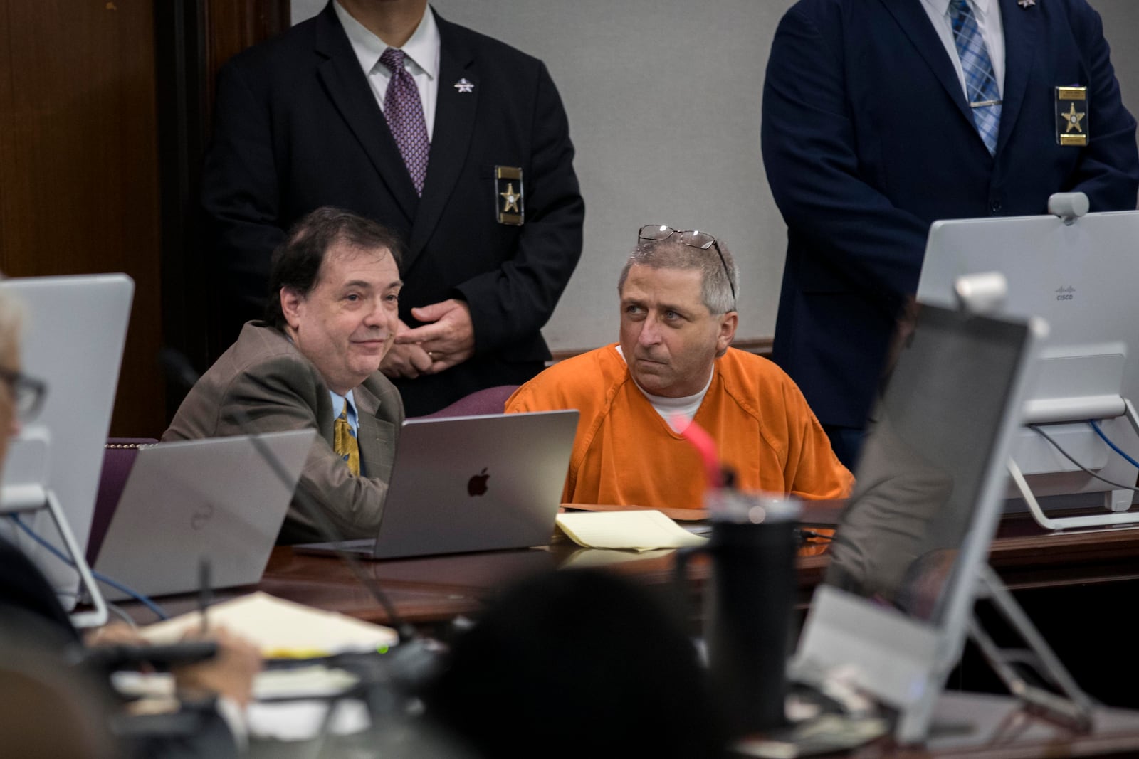 William "Roddie" Bryan, right, sits with his attorney before a hearing challenging his conviction of killing Ahmaud Arbery in 2020, Thursday, Oct. 24, 2024, in Brunswick, Ga. (AP Photo/Stephen B. Morton)