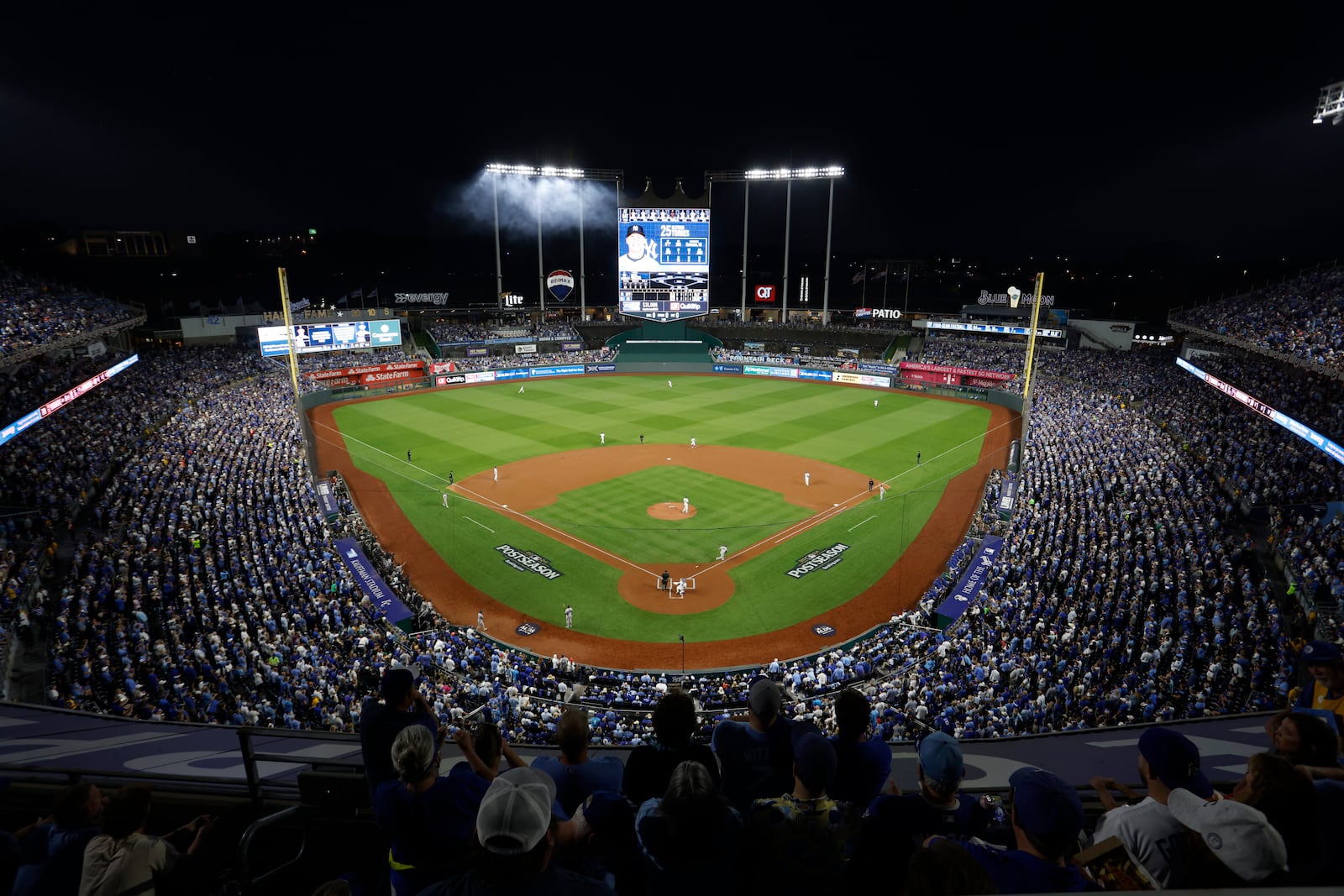 The New York Yankees and Kansas City Royals play in Game 4 of an American League Division baseball playoff series as seen in this general view of Kauffman Stadium Thursday, Oct. 10, 2024, in Kansas City, Mo. (AP Photo/Colin Braley)