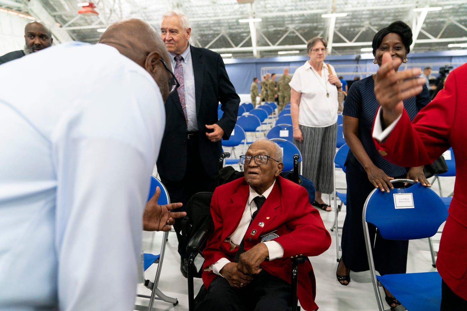 FILE - William Thomas Fauntroy Jr. speaks to guests during a PT-17 aircraft exchange ceremony to commemorate the Tuskegee Airmen in recognition of the 75th anniversary of desegregation in the U.S. military, July 26, 2023, at Joint Base Andrews, Md. (AP Photo/Stephanie Scarbrough, File)