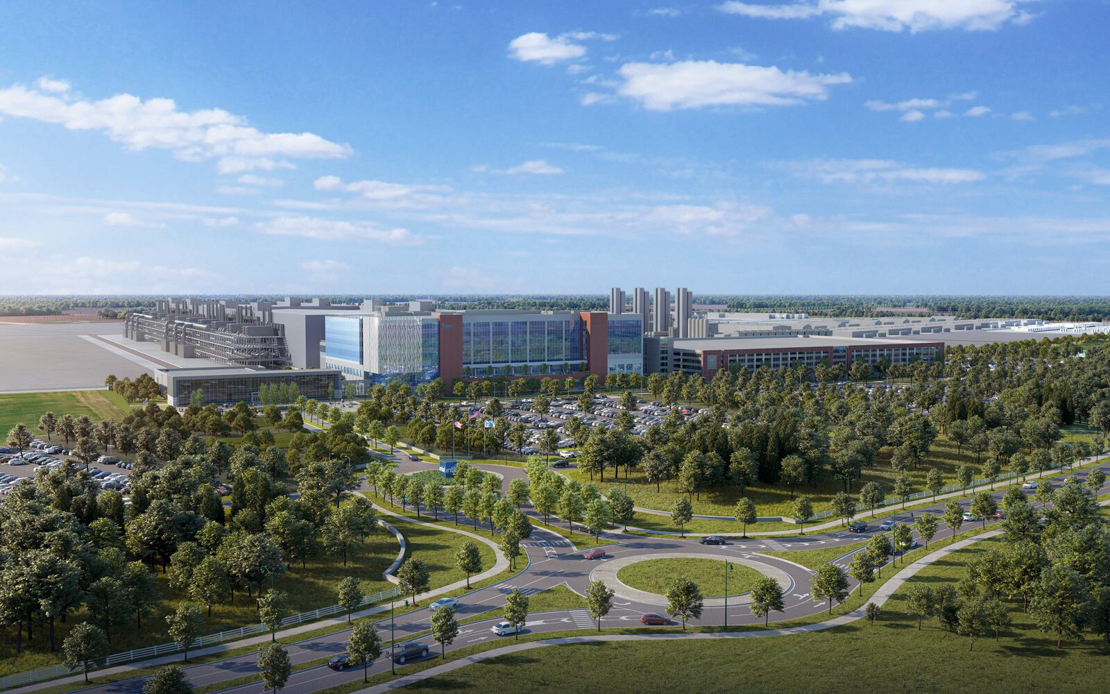 A rendering shows plans for two new leading-edge Intel processor factories in New Albany, Ohio. Announced in January 2022, the $28 billion project spans nearly 1,000 acres and is the largest single private-sector investment in Ohio history. (Credit: Intel Corporation)