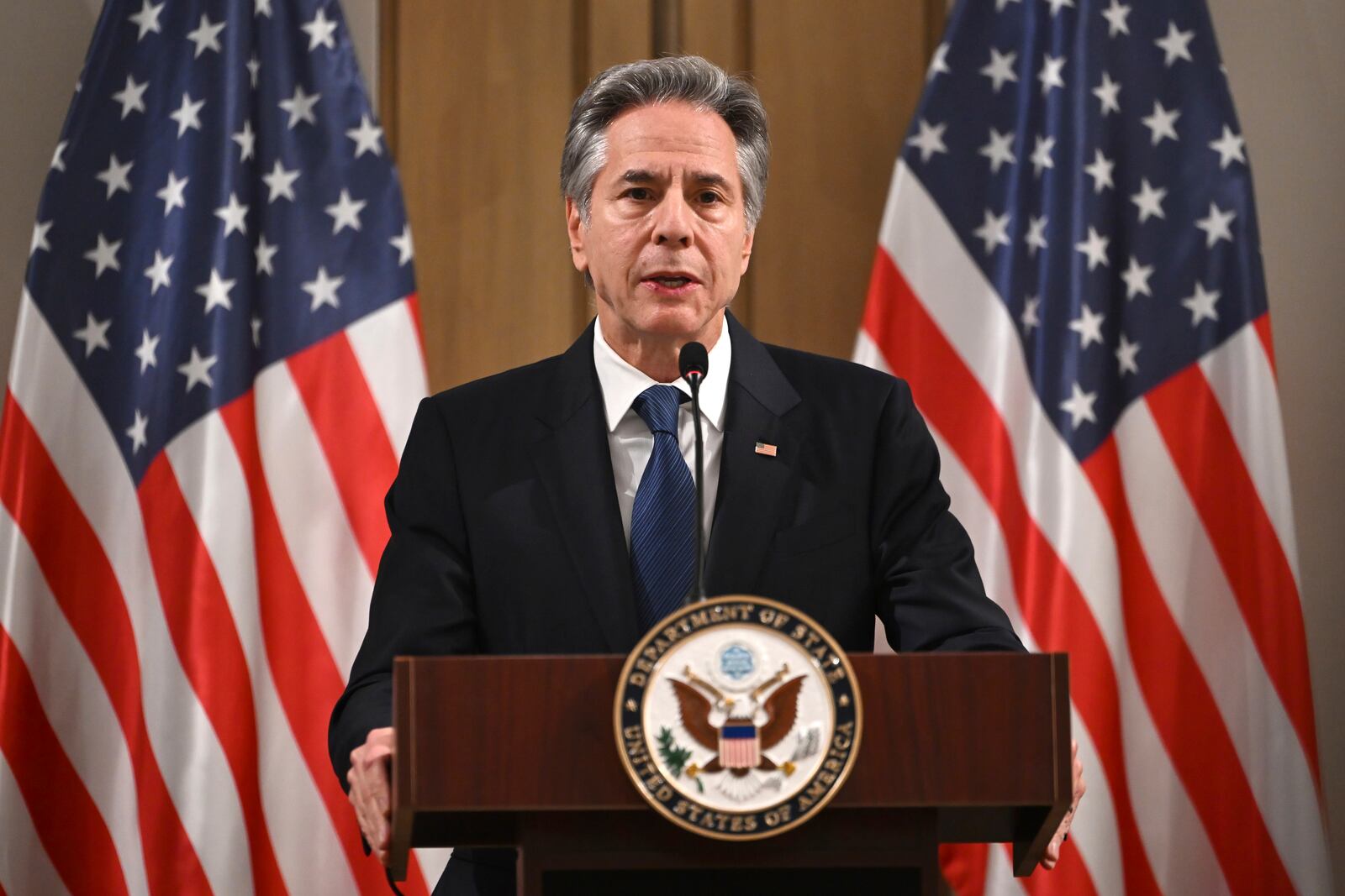 US Secretary of State Antony Blinken delivers a statement to the press after the meeting with the foreign ministers of the Arab Contact Group on Syria in Jordan's southern Red Sea coastal city of Aqaba, Saturday Dec. 14, 2024. (Andrew Caballero-Reynolds/Pool via AP)