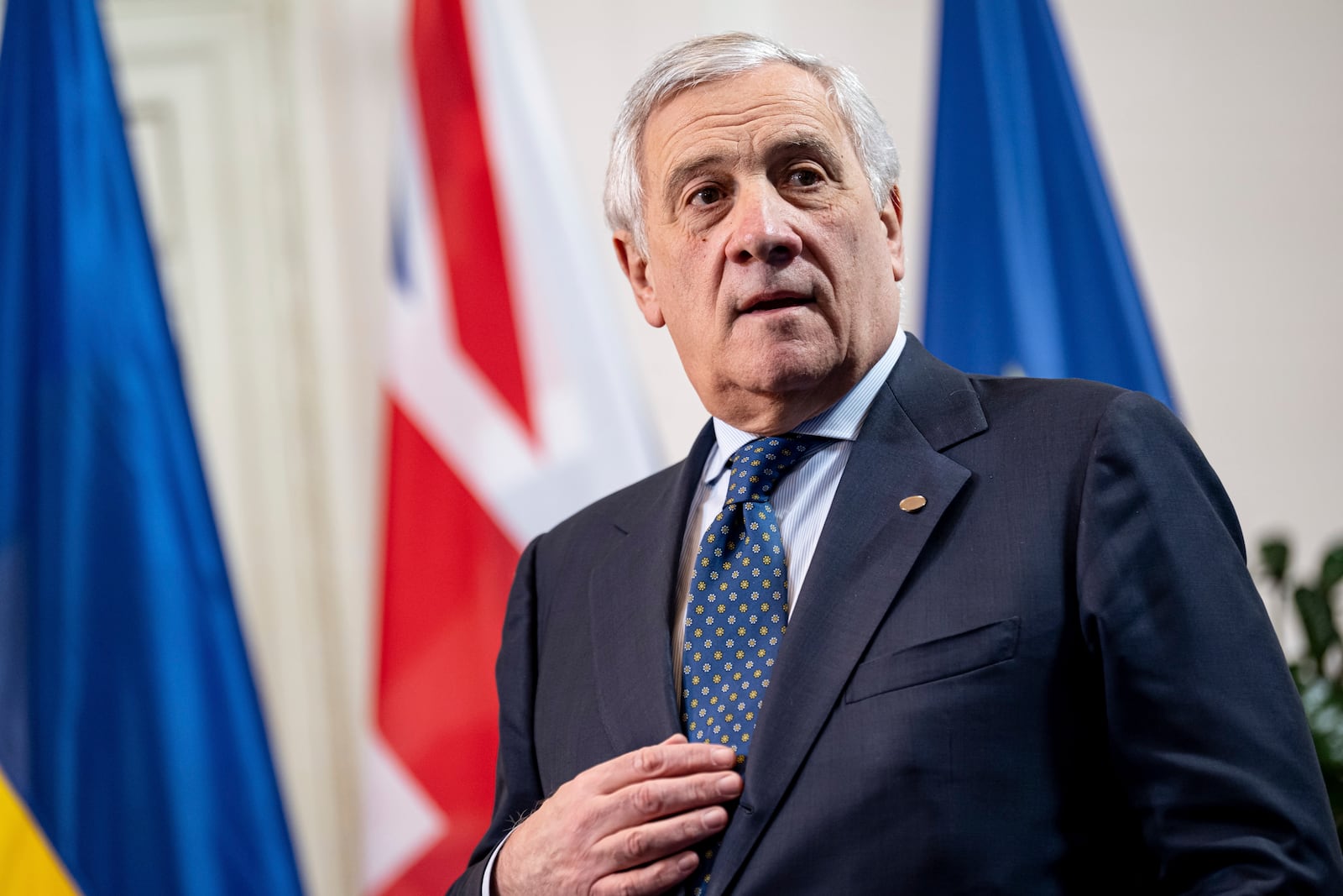 Antonio Tajani, Foreign Minister of Italy, arrives for a family photo at the meeting of EU Foreign Ministers at the Federal Foreign Office's guest house, Villa Borsig, in Berlin, Thursday, Dec. 12, 2024. (Fabian Sommer/dpa via AP)