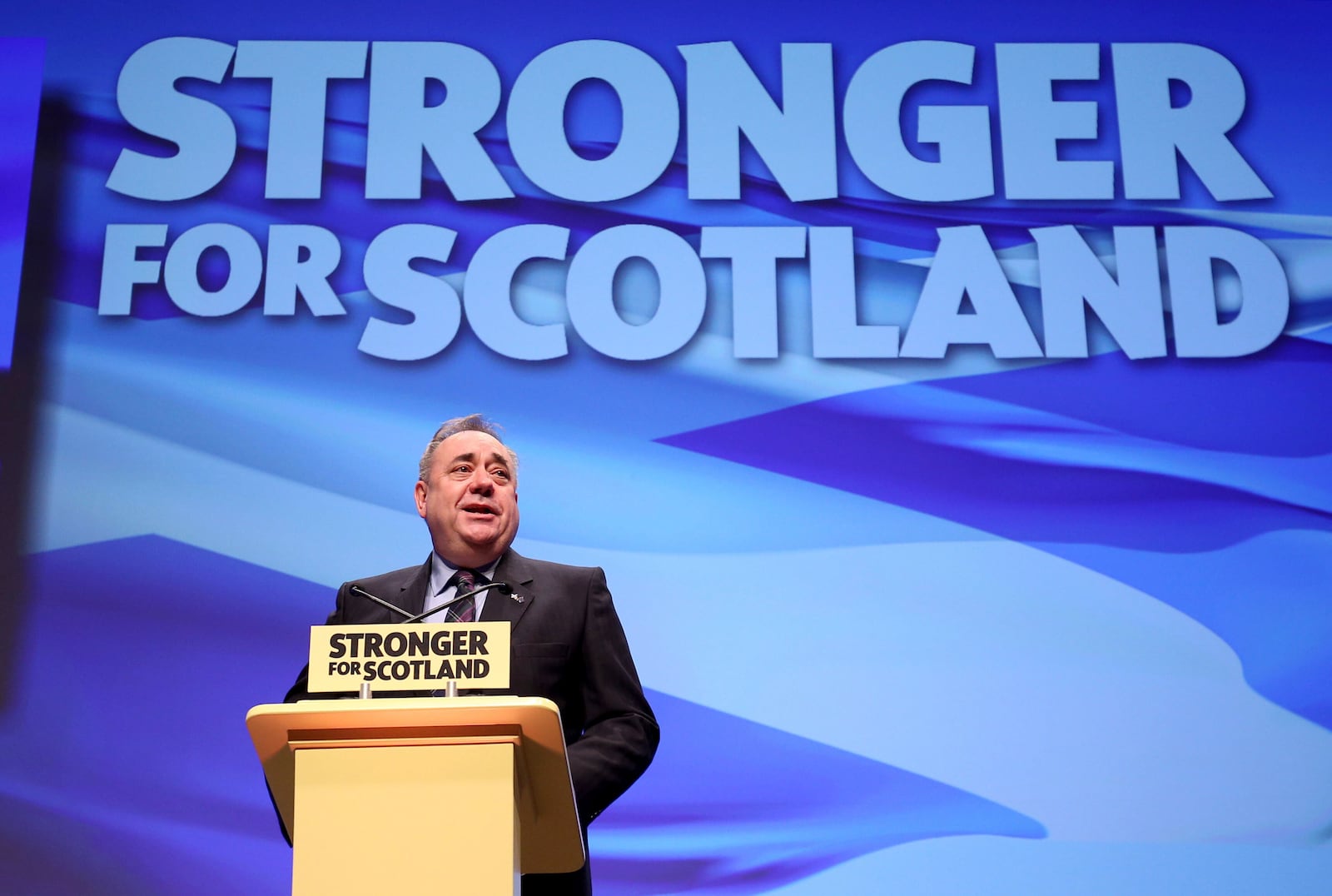 FILE - Alex Salmond speaks at the SNP conference in Glasgow on Oct. 14, 2016. (Jane Barlow/PA via AP)