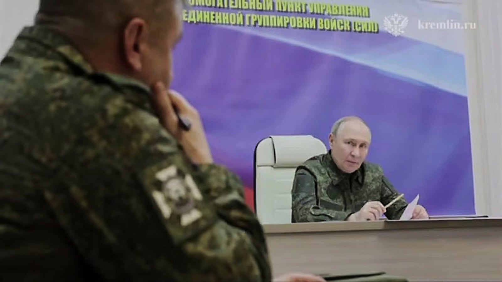 In this image made from video released by the Russian Presidential Press Service, on Wednesday, March 12, 2025, Russian President Vladimir Putin speaks during a visit to military headquarters in the Kursk region of Russia. (Russian Presidential Press Service via AP)