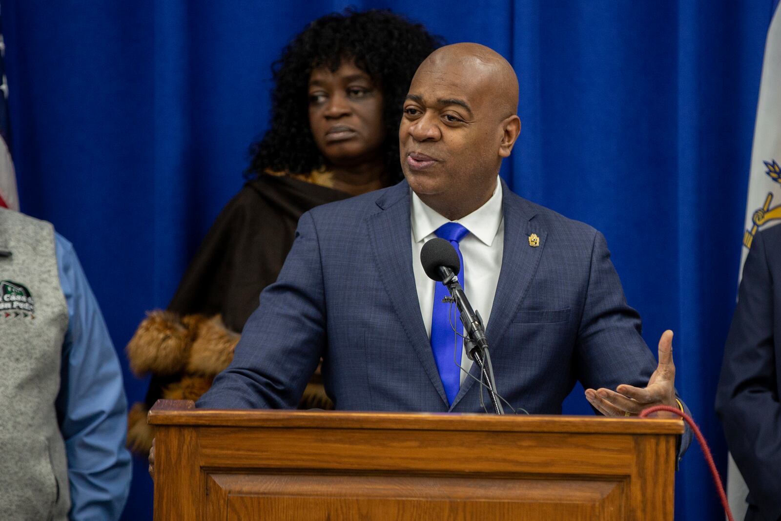 Newark Mayor Ras Baraka speaks at a news conference, saying federal immigration officers detained three undocumented residents and some U.S. citizens at a local business in Newark, N.J., on Friday, Jan. 24, 2025. (AP Photo/Ted Shaffrey)