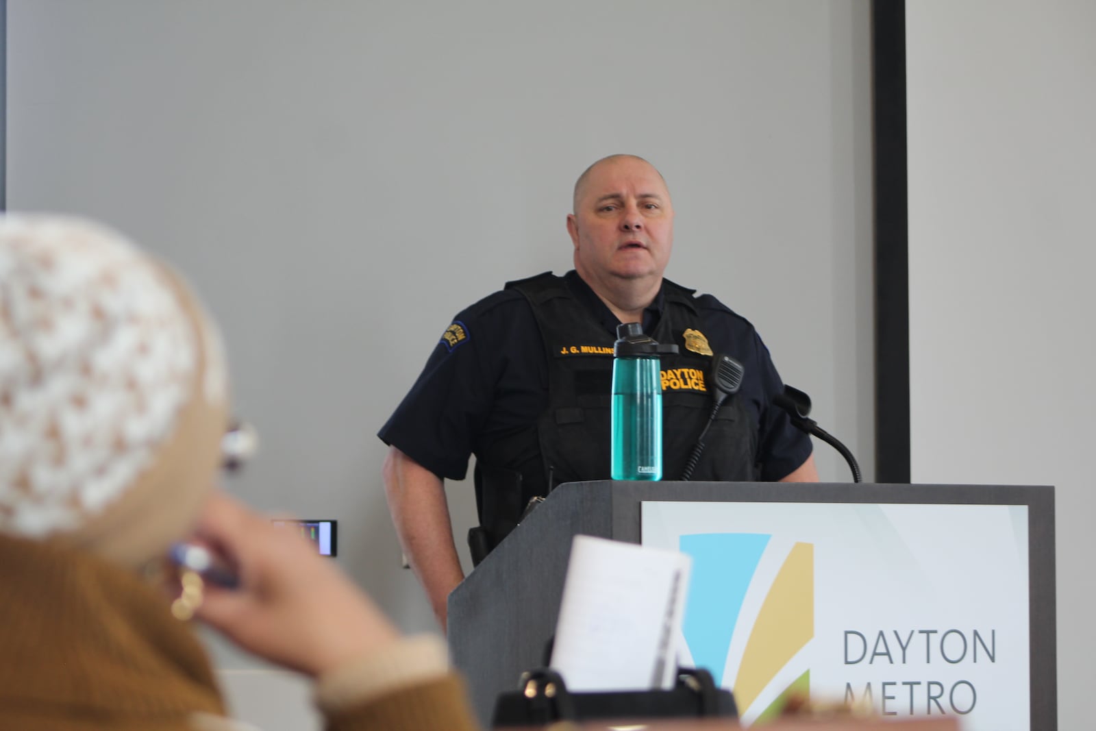 Dayton police Major James Mullins during a public information meeting about Fusus technology. CORNELIUS FROLIK / STAFF