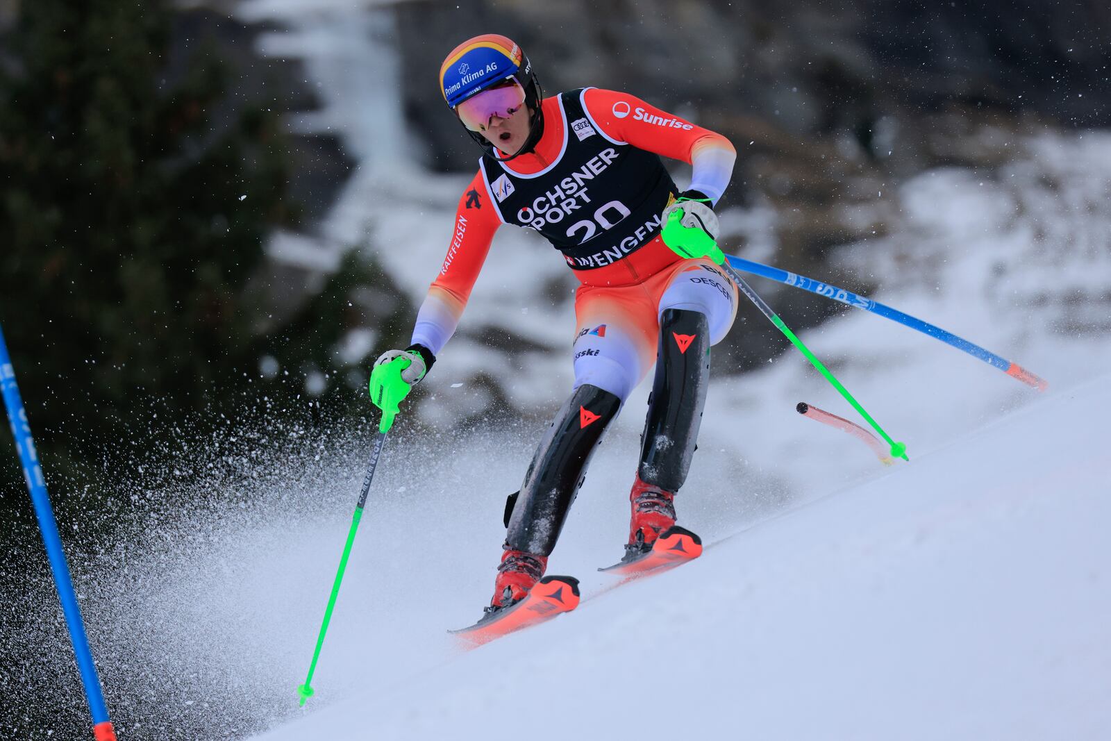 Switzerland's Nef Tanguy competes in an alpine ski, men's World Cup slalom, in Wengen, Switzerland, Sunday, Jan. 19, 2025 (AP Photo/Giovanni Maria Pizzato)