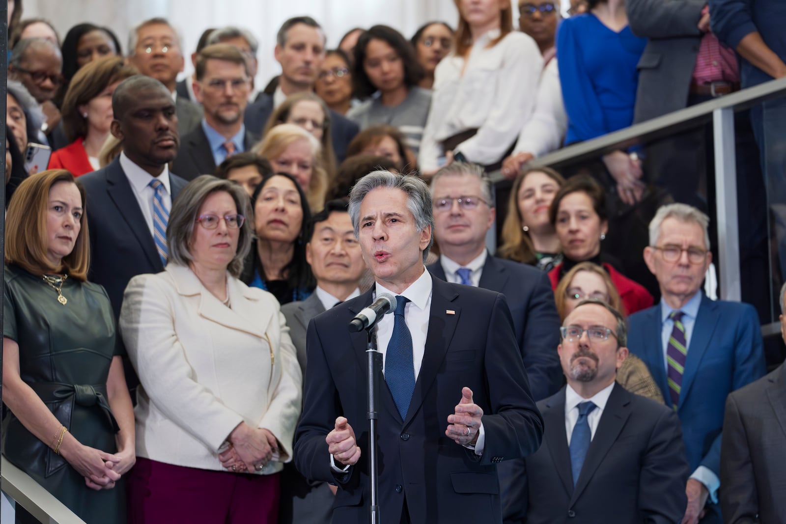 Secretary of State Antony Blinken bids farewell to diplomats and staff at the State Department in Washington, Friday, Jan. 17, 2025. (AP Photo/J. Scott Applewhite)