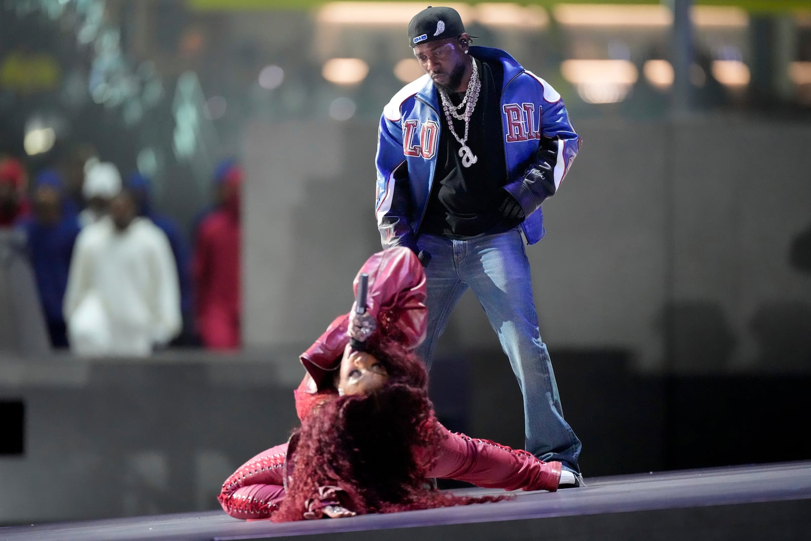 Kendrick Lamar and SZA perform during the second half of the NFL Super Bowl 59 football game, Sunday, Feb. 9, 2025, in New Orleans. (AP Photo/Stephanie Scarbrough)