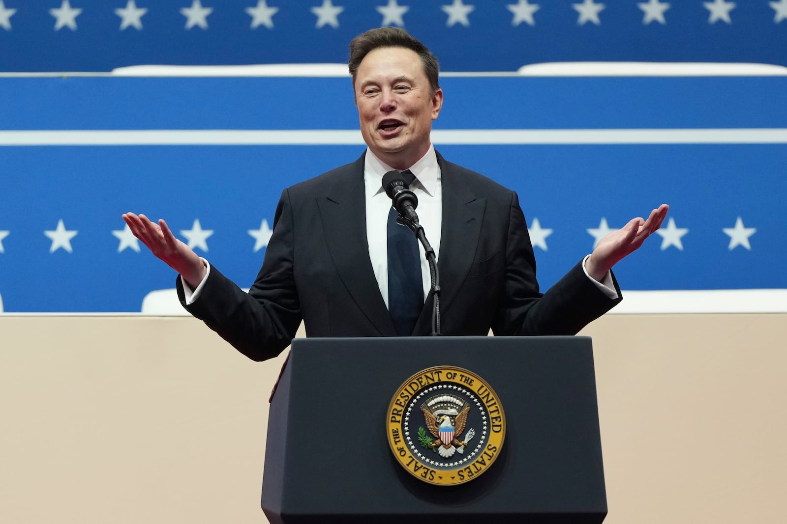 FILE - Elon Musk speaks at a presidential inauguration event on behalf of President-elect Donald Trump in Washington, Jan. 20, 2025. (AP Photo/Matt Rourke, File)