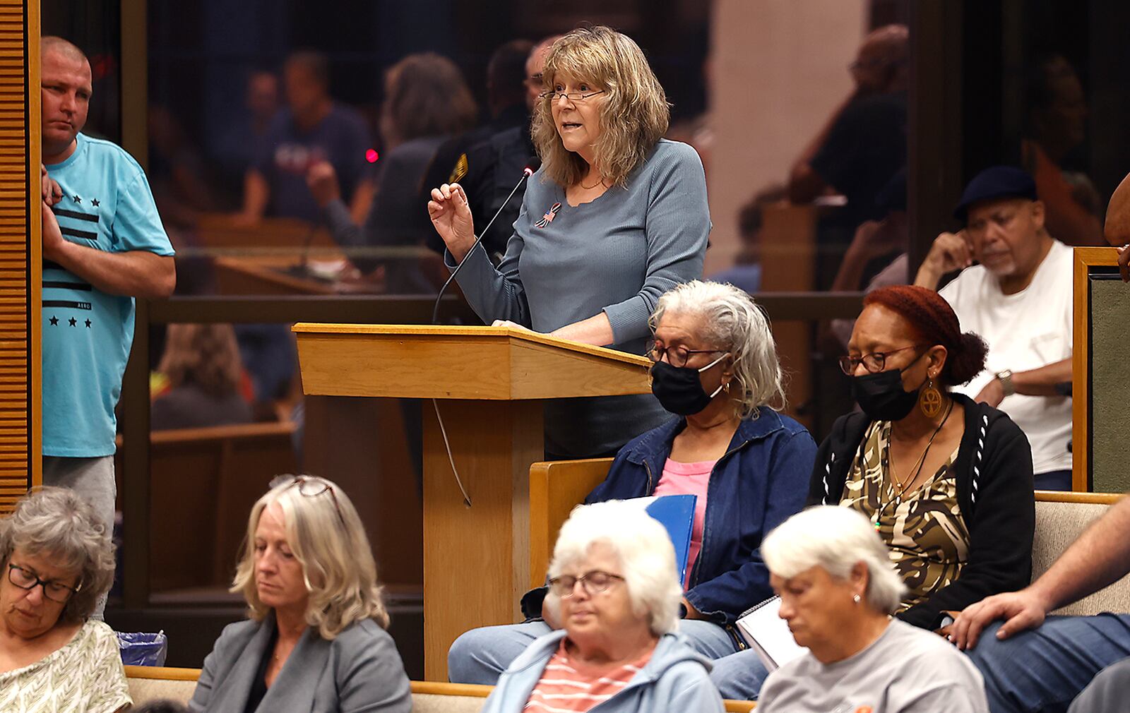 Debra Simon addresses the Springfield City Commission about her concerns regarding an influx of Haitian immigrants in the city during Tuesday's commission meeting, Sept. 12, 2023. BILL LACKEY/STAFF