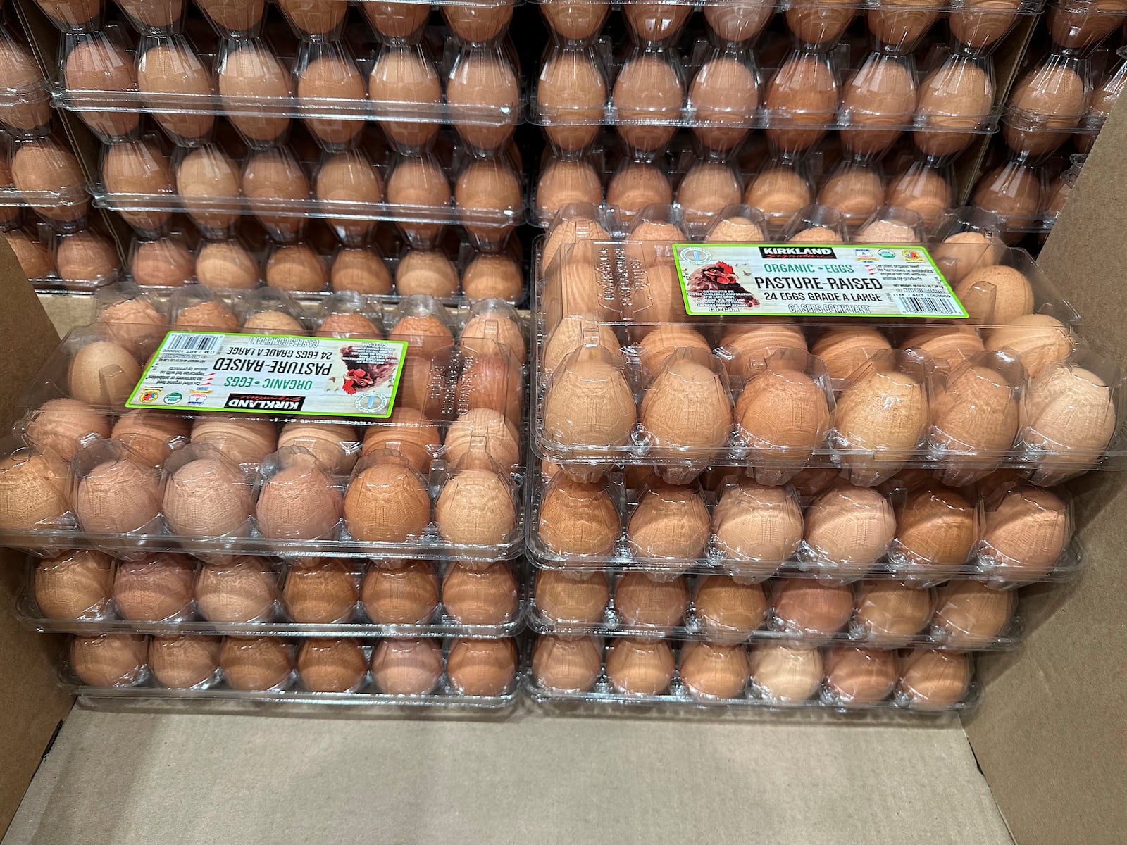 Cartons of eggs sit on display in a Costco warehouse Tuesday, Feb. 18, 2025, in Sheridan, Colo. (AP Photo/David Zalubowski)