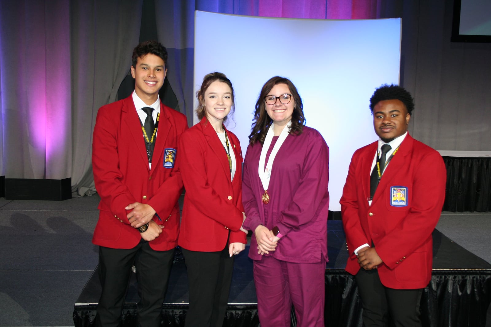 The state winners will represent the Springfield-Clark CTC and the State of Ohio at the SkillsUSA National Championships on June 19-23 in Atlanta. Left to right: Jaime Botelle (state officer), Leah Shafter (state officer), Makayla Stephens (dental assisting winner) and Xzavyier Mines (state officer). Contributed