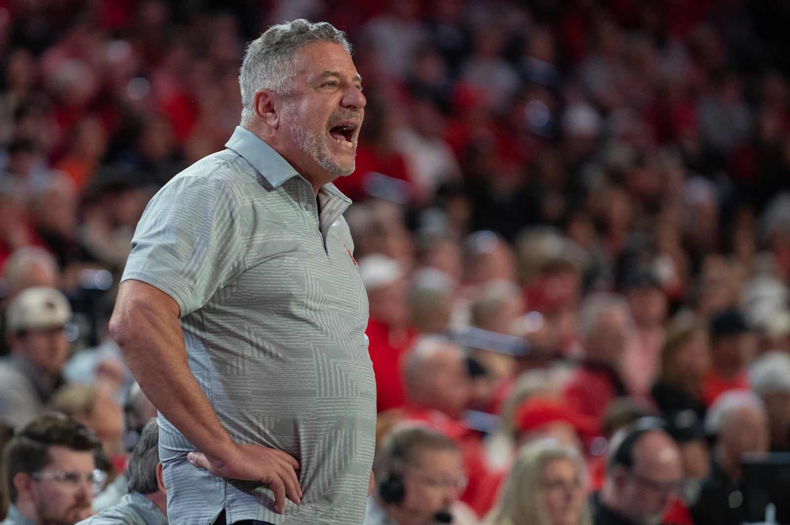 Auburn head coach Bruce Pearl yells to his team during the first half of an NCAA college basketball game against Georgia, Saturday, Jan. 18, 2025, in Athens, Ga. (AP Photo/Kathryn Skeean)