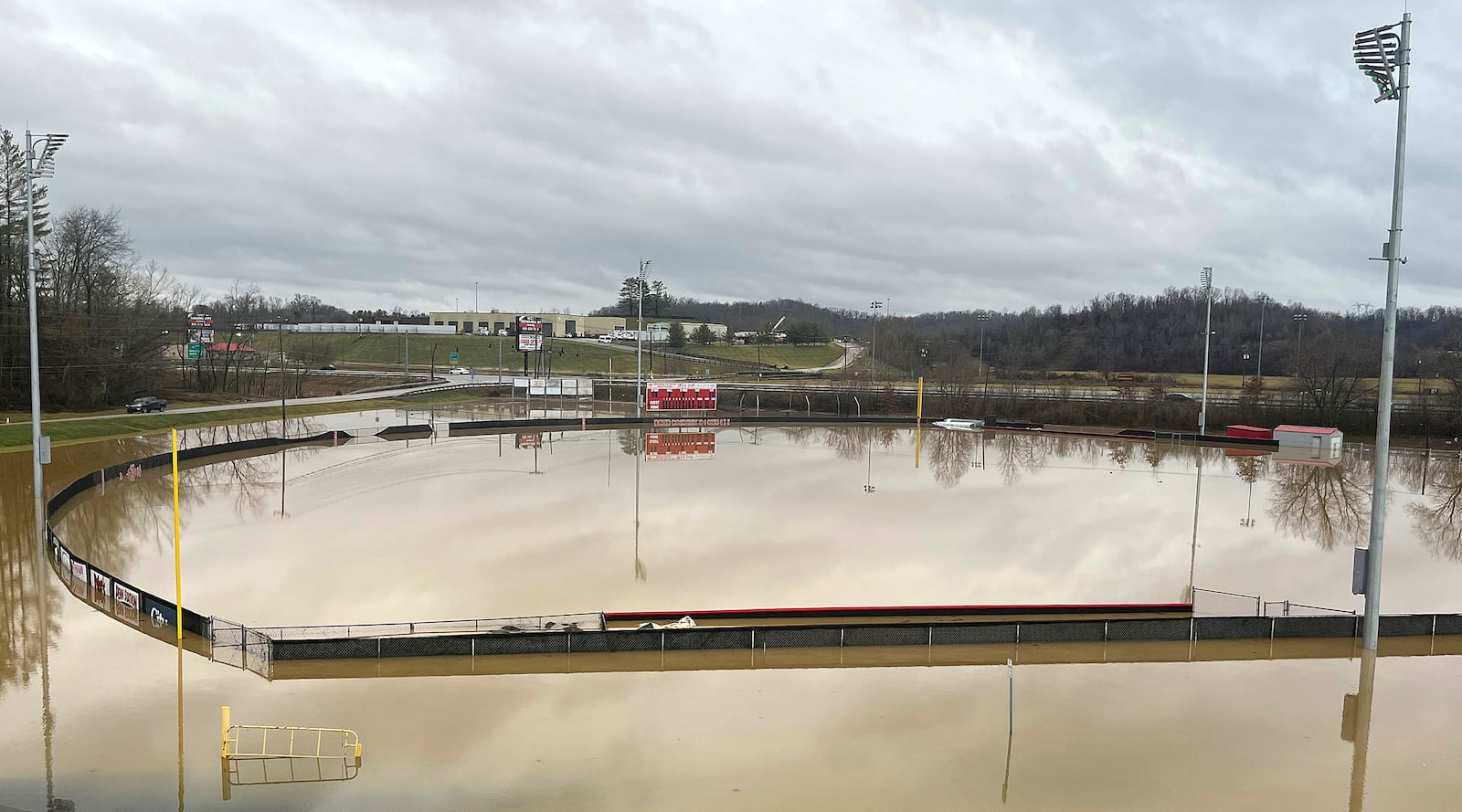 Larry Addington Field at Boyd County High School in Cannonsburg, Kentucky stands underwater, on Feb. 6, 2025, after overnight rains flooded the area. (Zack Klemme/Charleston Gazette-Mail via AP)