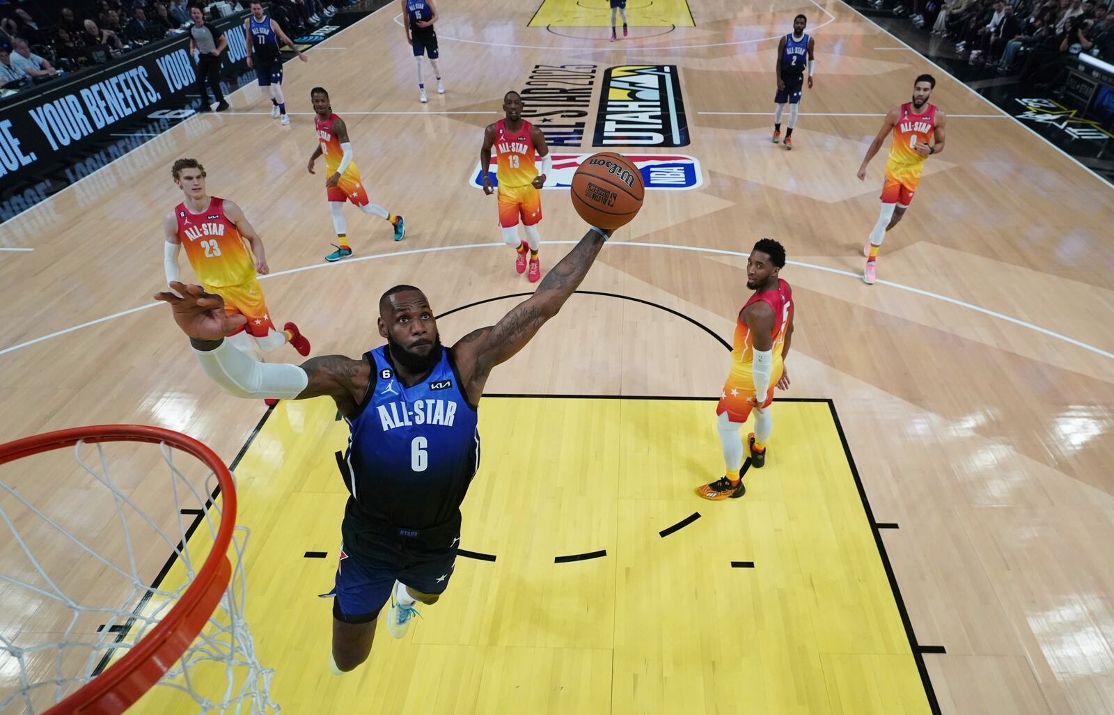 FILE - Team LeBron forward LeBron James (6) dunksduring the first half of the NBA basketball All-Star game Sunday, Feb. 19, 2023, in Salt Lake City. (AP Photo/Kyle Terada/Pool Photo via AP, File)