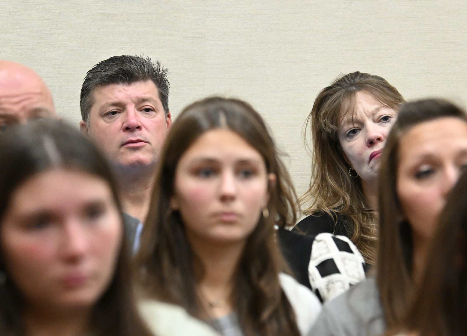 Jason Riley, background left, father of Laken Riley, attends the trial of Jose Ibarra, accused of killing the Georgia nursing student earlier this year at Athens-Clarke County Superior Court, Friday, Nov. 15, 2024, in Athens, Ga. (Hyosub Shin/Atlanta Journal-Constitution via AP, Pool)