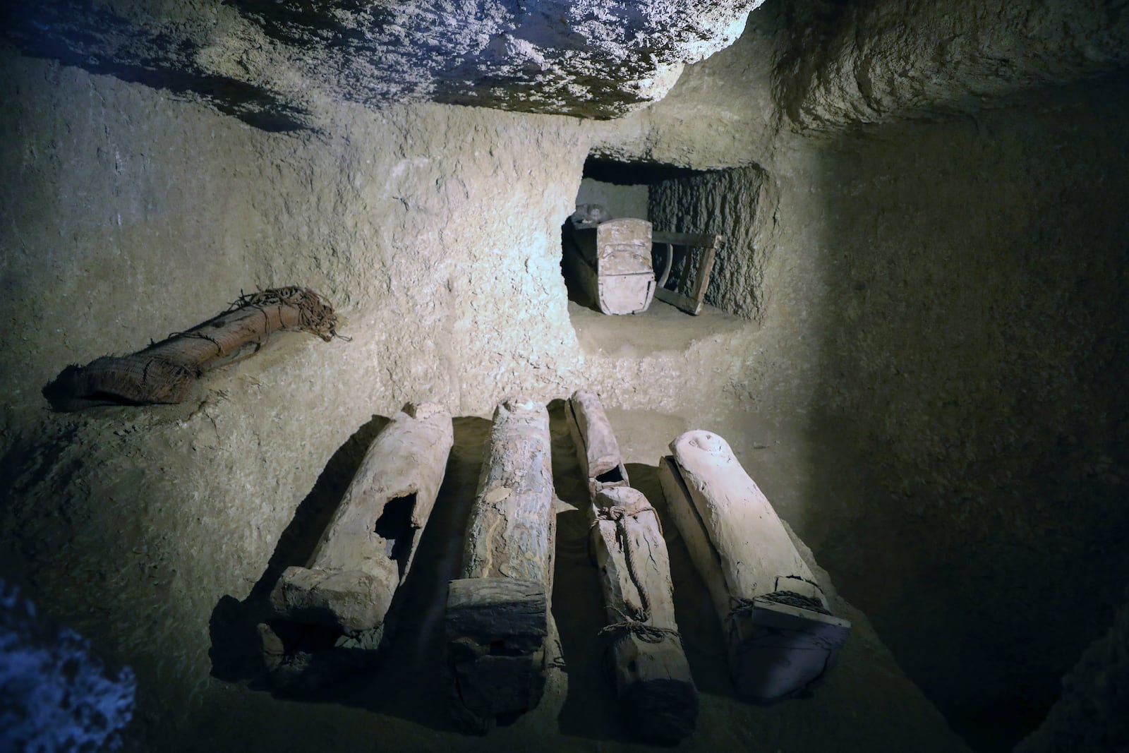 A recently discovered ancient rock-cut tomb discovered by Zahi Hawass Foundation for Antiquities & Heritage at the causeway of Queen Hatshepsut's Funerary temple at Deir al-Bahri on the Nile's West Bank, in Luxor, Egypt, Wednesday, Jan. 8, 2025. (AP Photo/Khaled Elfiqi)